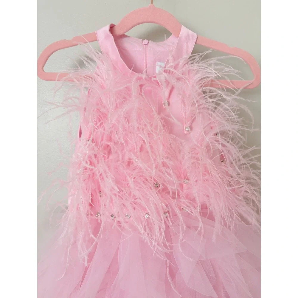 Lola + The Boys Tulle Feather Dress Kids Size 8 Pink Rhinestone Halter Party